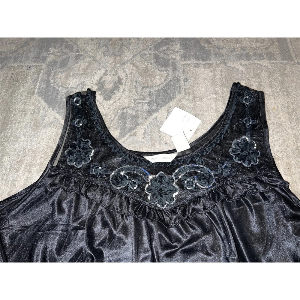 New Venice Fashion Womens' Silky Embroidered Nightgown Black Plus Sz 2X - Picture 2 of 6